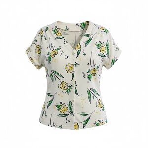 Vintage 1970’s Fresh Start Blouse Sz M Floral Polyester Button Up Retro Career